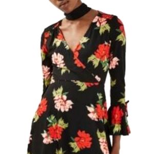 Top Shop Black Floral‎ Mini Dress Long Sleeves